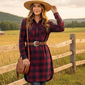 J.Crew Red & Navy Plaid Flannel Shirt Dress | Size Medium